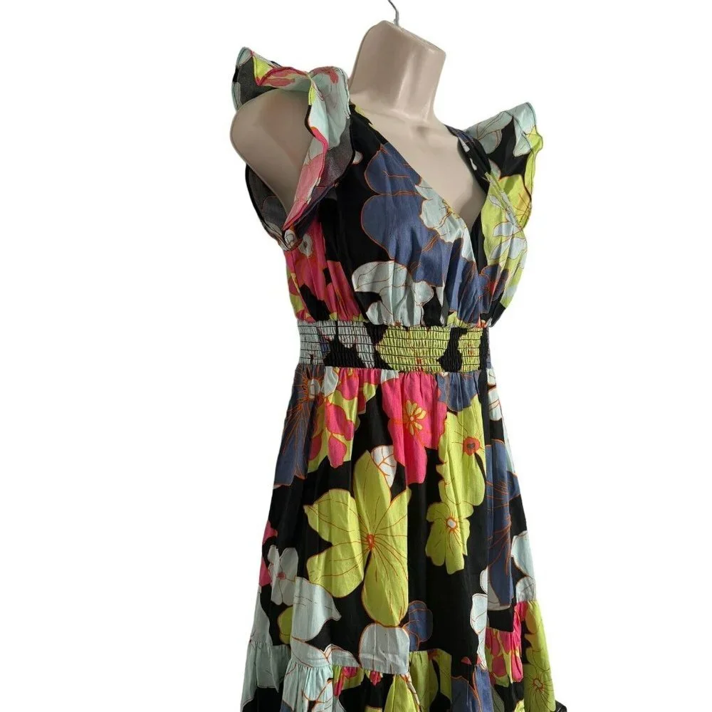 ModCloth Honolulu floral black ruffle cap sleeve tiered maxi dress Size XS  NEW - Picture 5 of 14